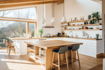 Fototapeta na wymiar A Light-Filled, Cozy Scandinavian Modern Rustic Kitchen with Sleek Design, Clean Lines, and Natural Elements, Embracing the Functional Charm of Scandinavian Interior in a Minimalist