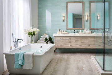 Fototapeta na wymiar Immerse in Serenity: A Contemporary Spa-Like Bathroom Oasis with Aqua Accents, Rejuvenating Lighting Fixtures, and Soothing Minimalist Design