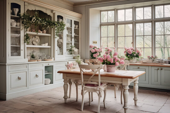 Step into the timeless charm of a cozy haven, where shabby chic vintage delights meet modern design in this vintage-inspired kitchen interior.