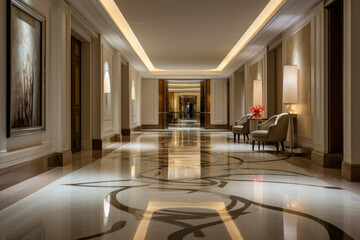 Timeless elegance meets contemporary design in this sleek and inviting white colored hallway interior, featuring polished marble flooring, illuminated artwork