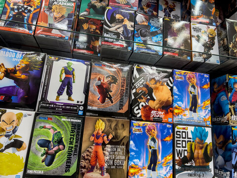 Lynnwood, WA USA - circa July 2023: Low angle, wide view of anime figurines for sale inside a toy store in the Alderwood Mall.