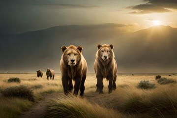 lions at sunset