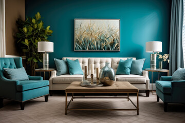An Inviting and Stylish Living Room Oasis in Turquoise and Brown, Filled with Comfort, Elegance, and Natural Light, Creating a Peaceful Ambiance with Cozy Furniture, Tranquil Artwork