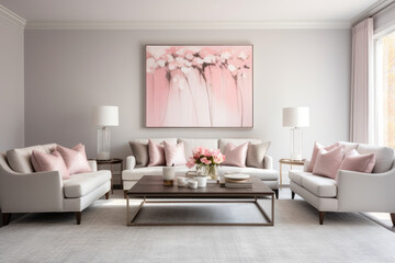 Creating an inviting and serene ambiance, this modern living room oasis combines harmonious pink and gray tones, stylish furniture, cozy cushions, elegant curtains