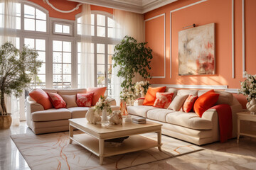Immerse in the Harmony of a Luxurious Coral and Beige Living Room, Bathed in Natural Light, Showcasing Elegant Furniture, Cozy Atmosphere, and Stylish Accents.