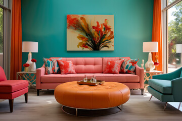 An inviting and cozy living room with modern furnishings, vibrant coral and teal colors, stylish decor, and a comfortable atmosphere, featuring trendy accents, decorative pillows, wall art, plants