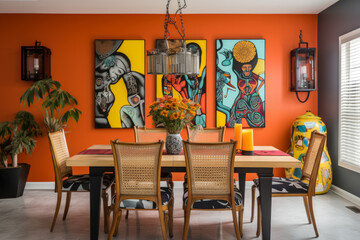 A captivating and lively bohemian dining room adorned with vibrant colors, unique artwork, and eclectic furniture, creating an artistic ambiance and showcasing the beauty of bohemian style.
