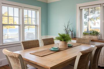 A charming coastal dining room exuding coziness with distressed wood furniture and a beach-inspired color palette, perfect for a relaxed and inviting coastal-style interior design.