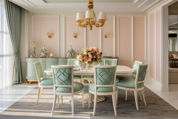 A harmoniously refreshing and elegant dining room, adorned in serene mint green and peach colors, with vibrant art, cozy lighting, and inviting decor, creating a serene and modern ambiance.