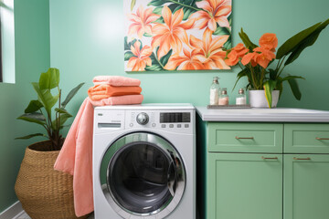 Bringing a Tropical Oasis to Your Laundry Room: Infusing Vibrant Green and Floral Accents to Revitalize Your Space