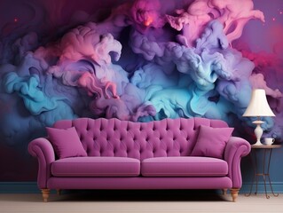 Living room with space and nebula wall in the style of light turquoise and dark magenta generative ai