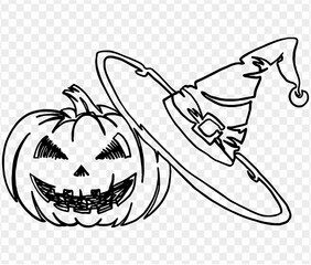 One line hand drawing smile pumpkin wears witches hat  in a brush style, isolated on a transparent PNG background. Perfect for Halloween party backgrounds, poster templates 