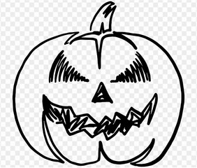 One line hand drawing smile pumpkin in a brush style, isolated on a transparent PNG background. Perfect for Halloween party backgrounds, poster templates, brochures, online ads. 