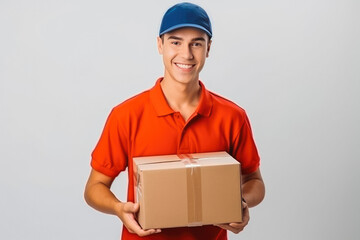 Handsome smiling postman delivering a packet and letters with white background