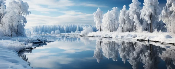 Fotobehang the winter serene lake reflects the snow-covered trees standing around. calm winter scene.  © Margo_Alexa