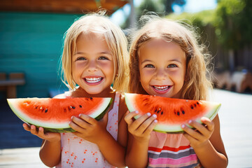 Beautiful young girls smiling and eating a large watermelon outside, healthy fruity vitamin