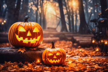Illustration of halloween pumpkins in a spooky forest at night, halloween theme