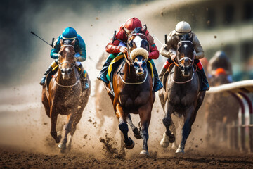 Shot of jockeys on their horses competing in a horse racing match - obrazy, fototapety, plakaty
