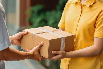 Close up shot of post man delivering package to a customer, post delivery