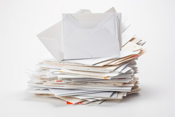 Large pile of unopened letters waiting to be send, on a white background