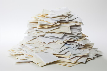 Large pile of unopened letters waiting to be send, on a white background