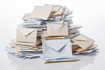 Large pile of unopened letters waiting to be send, on a white background