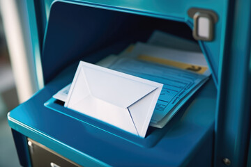 Unopened important letter in the blue mail box, documents in the envelop