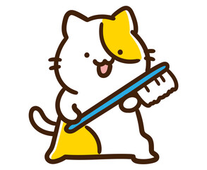 歯ブラシを両手で抱えるかわいいねこのキャラクターのデフォルメイラスト