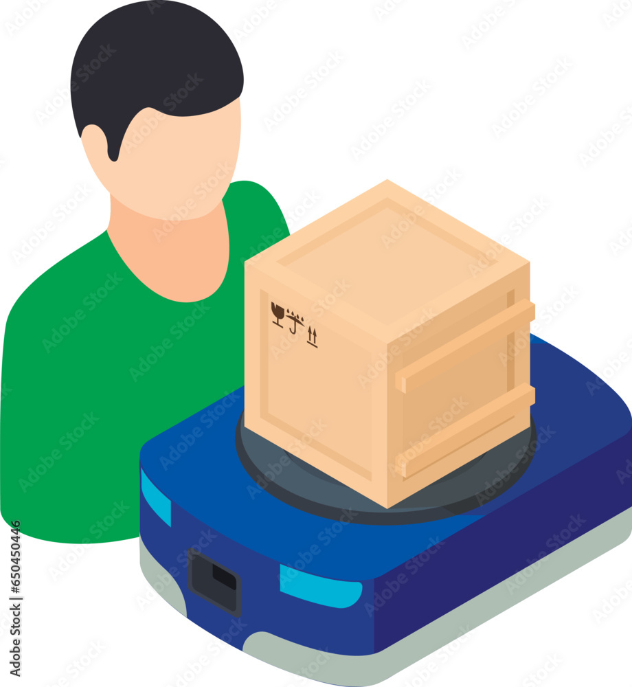 Poster warehouse logistic icon isometric vector. human near warehouse robot with parcel. logistic automatio