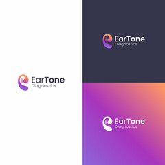 Letter E forms a tool to aid hearing with signals in the middle. Modern and simple, very suitable for use as a hearing therapy logo.
