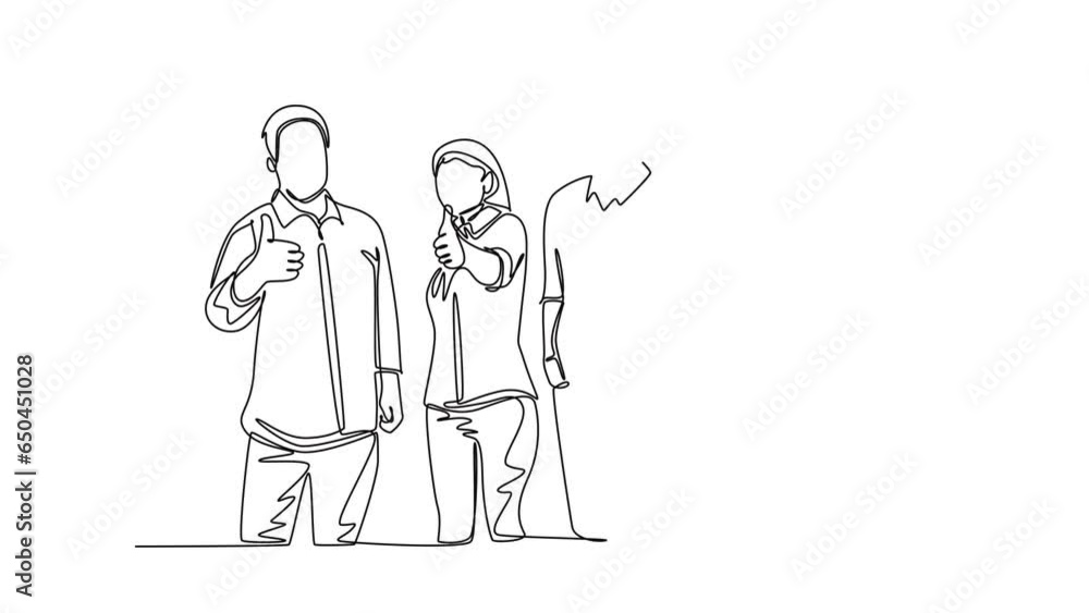 Poster self drawing animation group of happy college student giving thumbs up gesture after studying togeth