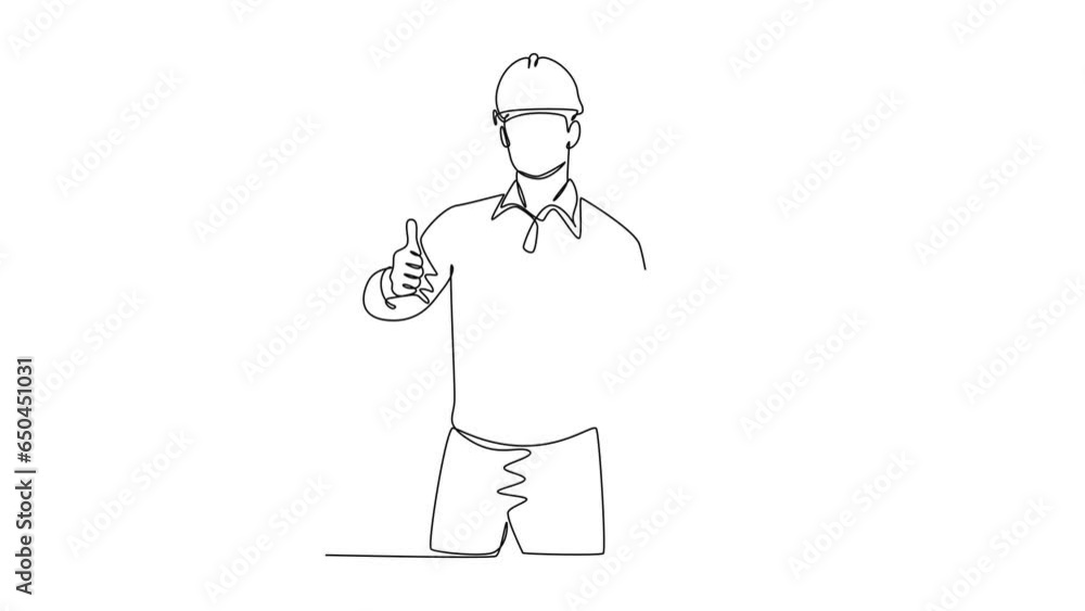 Poster self drawing animation of single line draw young construction worker foreman carrying clipboard and 