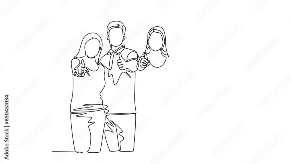 Poster self drawing animation group of happy college student giving thumbs up gesture after studying togeth