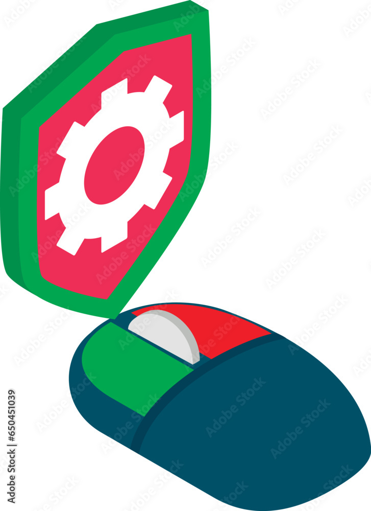 Poster tech support icon isometric vector. computer mouse and shield with gear image. maintenance concept