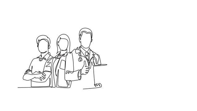 Animated self drawing of continuous line draw group of young happy doctor giving thumbs up gesture for best healthcare service in hospital. Medical team work concept. Full length single line animation