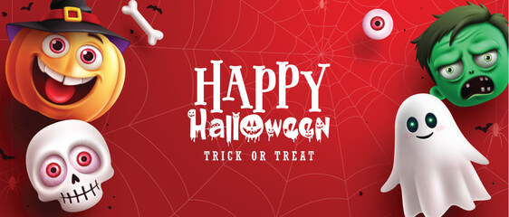 Happy halloween text vector design background. Halloween trick or treat greeting card with pumpkin, skull, ghost and zombie characters in web spider pattern red space background. Vector illustration 