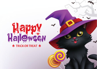 Happy halloween text vector design. Halloween trick or treat greeting card with black cat kitten wearing witch hat and colorful lollipop decoration elements. Vector illustration trick or treat 