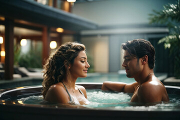 Romantic couple relaxing in hot tub at luxury health spa. Generative Ai