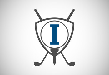 English alphabet I with golf ball, golf stick and shield sign. Modern logo design for golf clubs.