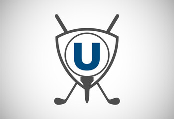 English alphabet U with golf ball, golf stick and shield sign. Modern logo design for golf clubs.