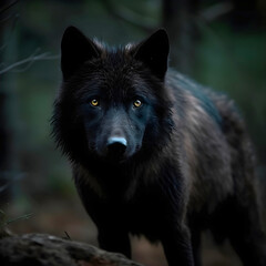 Black wolf close up in the forest