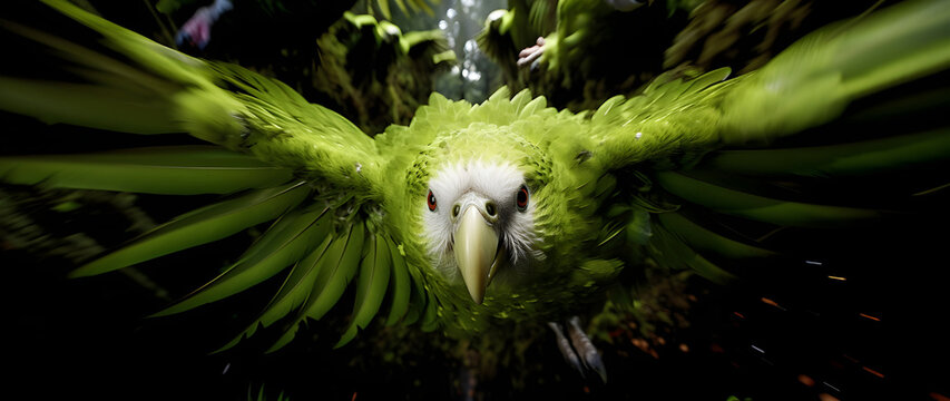 Green kakapo bird flying in the forest