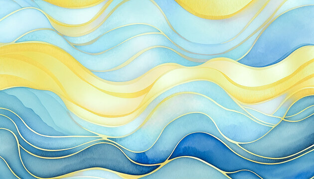 Abstract water wave winter blue yellow background for copy space. Golden teal happy sunny cartoon ocean pattern for travel, beach wedding party. Web mobile banner beauty wavy lines texture backdrop