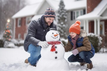 smiling dad and kid building a snowman in front of their house, father and son playing with snow at Christmas, family having fun together on winter