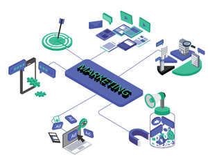 isometric digital marketing tech Infographic Pictogram banner 