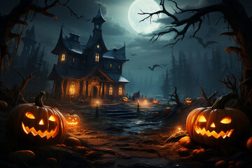 Fototapeta na wymiar Halloween background with pumpkins and haunted house - 3D render. Halloween background