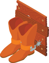 Cowboy cymbol icon isometric vector. Traditional brown cowboy boot with spur. Wild west, western