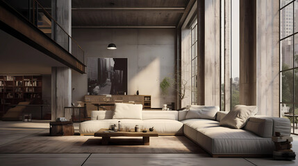 Industrial Living Room with Exposed Concrete Pillars