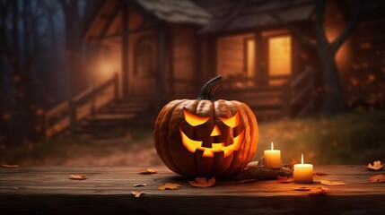 Halloween pumpkin in front of a house in the forest. Generative AI