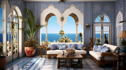 Mediterranean Living Room with Ceramic Tile Walls - obrazy, fototapety, plakaty
